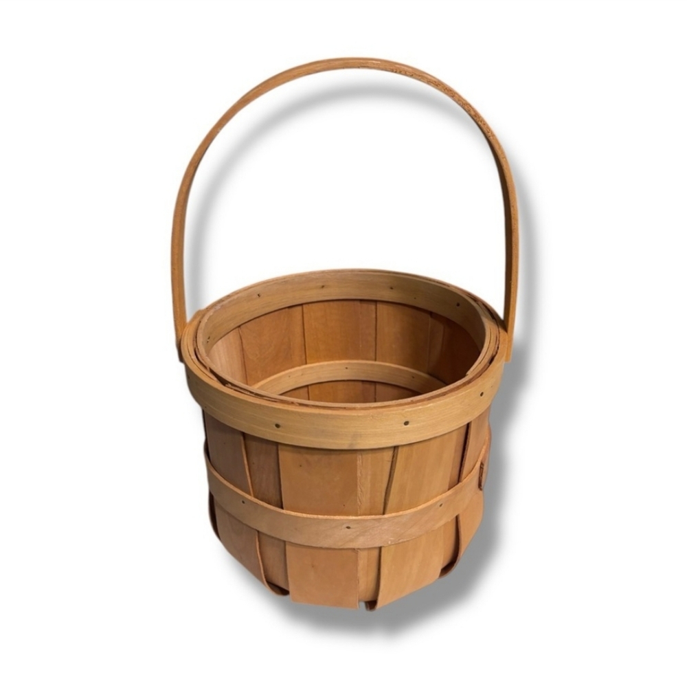 VINTAGE Small Wooden Bushel Style Basket Foldable Handle